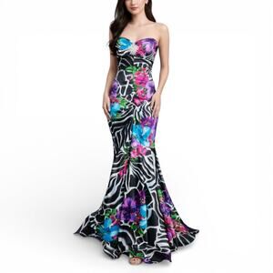 Vintage Cache Maxi Zebra Floral Mermaid Gown Strapless Corset Jeweled Brooch 4